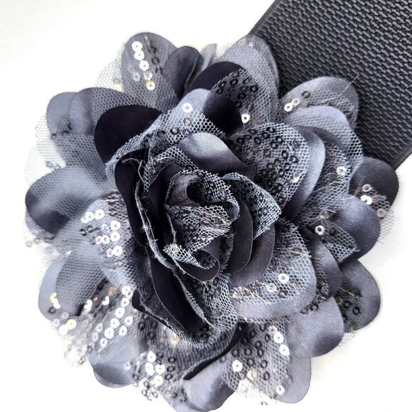 Large Grey Floral Glitter Belt Stretchy Womens Belt - Picture 2 of 9